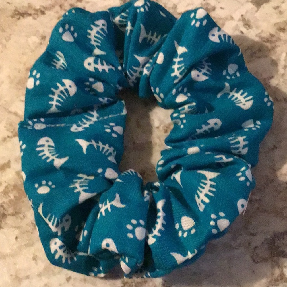 Cat paw print Fish turquoise hair scrunchie cotton